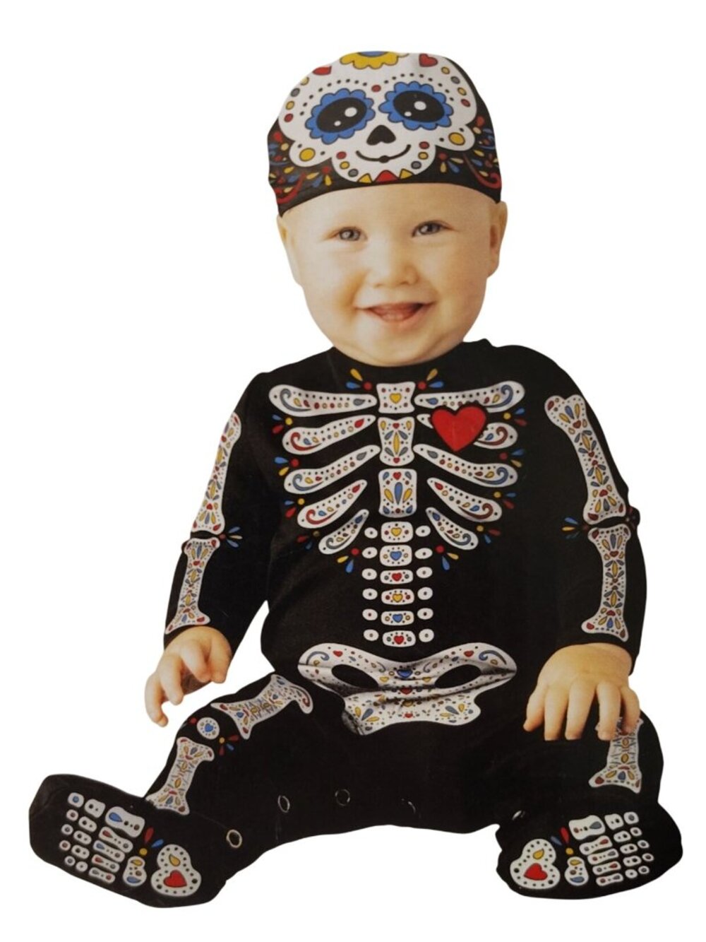 Infant 6-12 Mo Sugar Skull Halloween Costume Jumpsuit and Cap Dia De Los Muertos